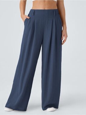NWT Halara High Waisted Wide Leg Flowy Linen-Feel Pants | Navy | Size Large